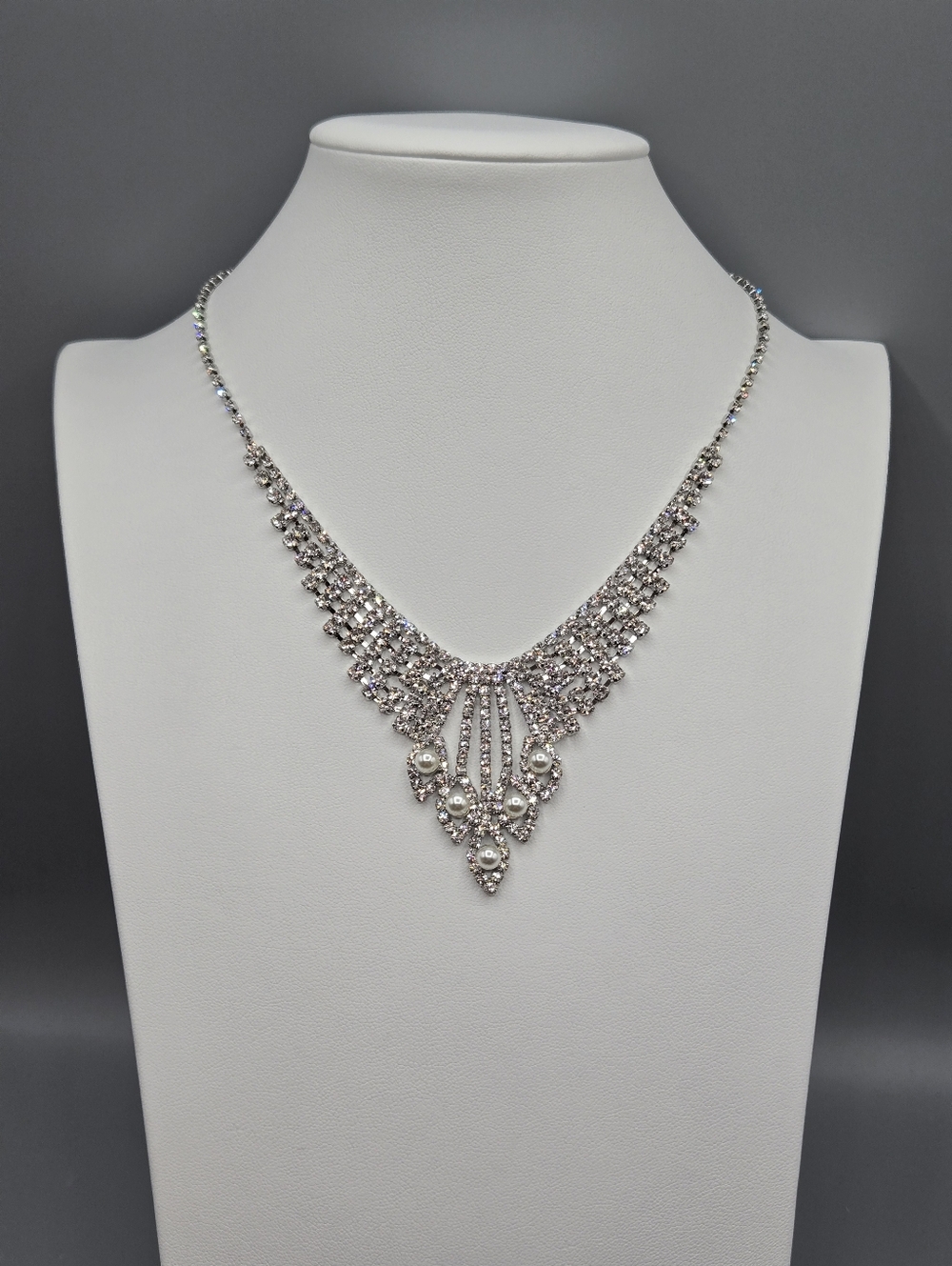 Swarovski Crystal Elements Silver Pearl Necklace 16 - 18.5 inch Wedding Bridal